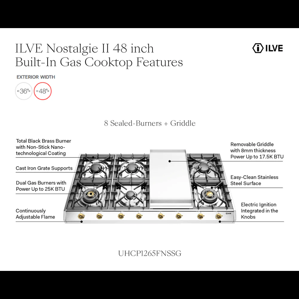 Ilve UHCP1265FNSSG Ilve Uhcp1265Fnssg Nostalgie Ii 48 Inch Built-In Gas Cooktop With 8 Burners, Griddle, In Stainless Steel (Natural Gas) - Image 2
