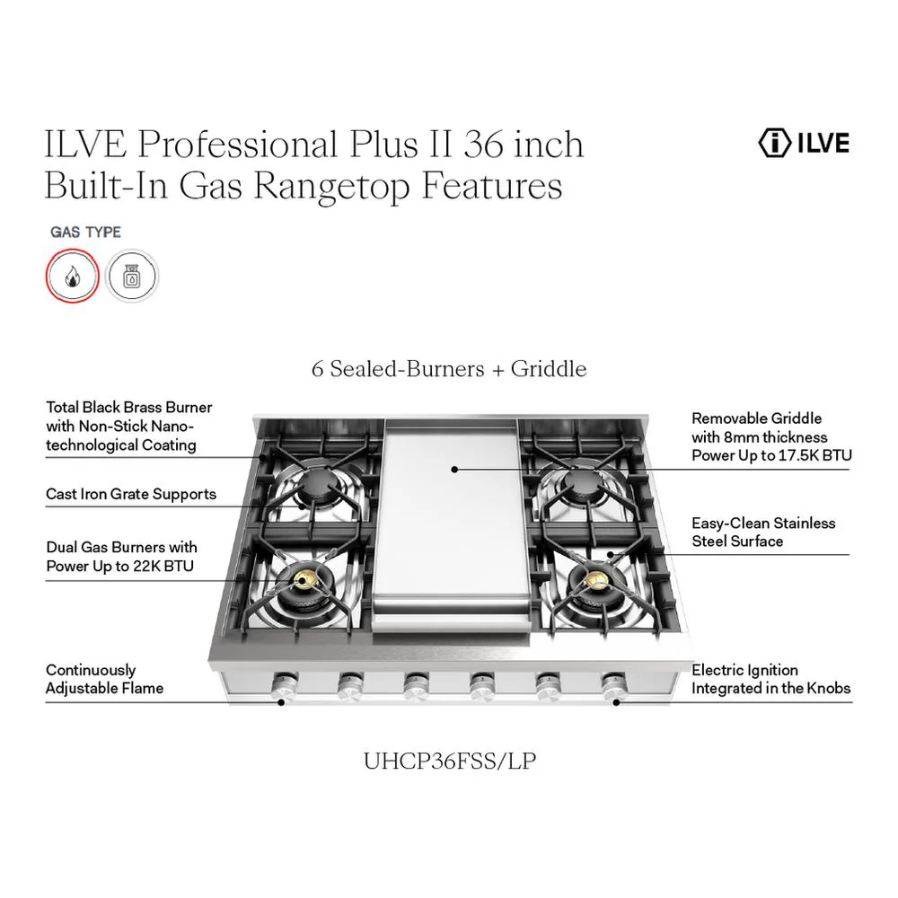 Ilve UHCP36FSS Ilve Uhcp36Fss Professional Plus Ii 36 Inch Built-In Gas Rangetop With Griddle, In Stainless Steel (Natural Gas) - Image 2