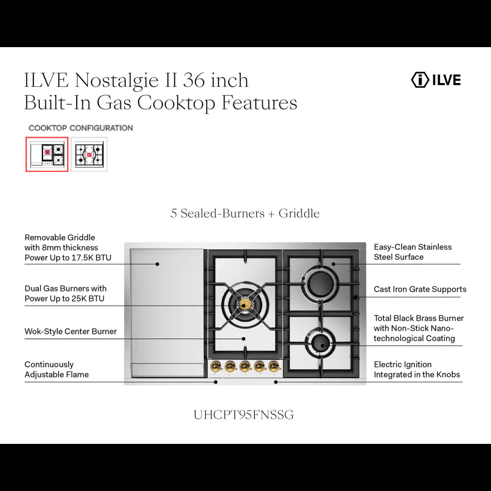Ilve UHCPT95FNSSG Ilve Uhcpt95Fnssg Nostalgie Ii 36 Inch Built-In Gas Cooktop With Total Black Brass Burners, In Stainless Steel (5 Sealed Burners + Griddle, Natural Gas) - Image 2