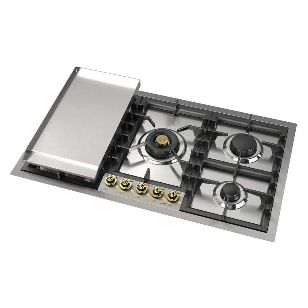 Ilve UHCPT95FNSSG Ilve Uhcpt95Fnssg Nostalgie Ii 36 Inch Built-In Gas Cooktop With Total Black Brass Burners, In Stainless Steel (5 Sealed Burners + Griddle, Natural Gas) - Image 4