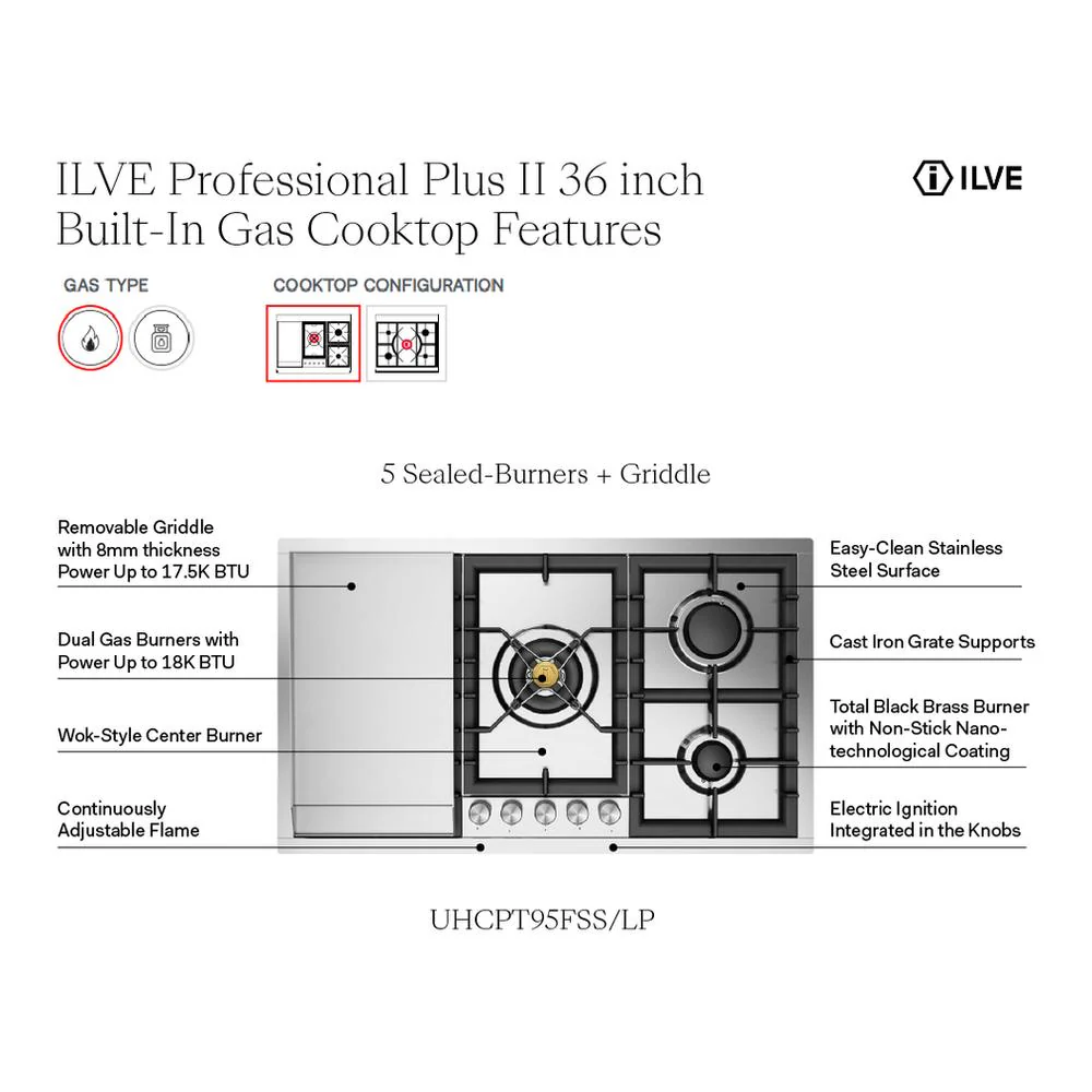 Ilve UHCPT95FSS Ilve Uhcpt95Fss Professional Plus Ii 36 Inch Built-In Gas Cooktop With Total Black Brass Burners, In Stainless Steel (5 Sealed Burners + Griddle, Natural Gas) - Image 2