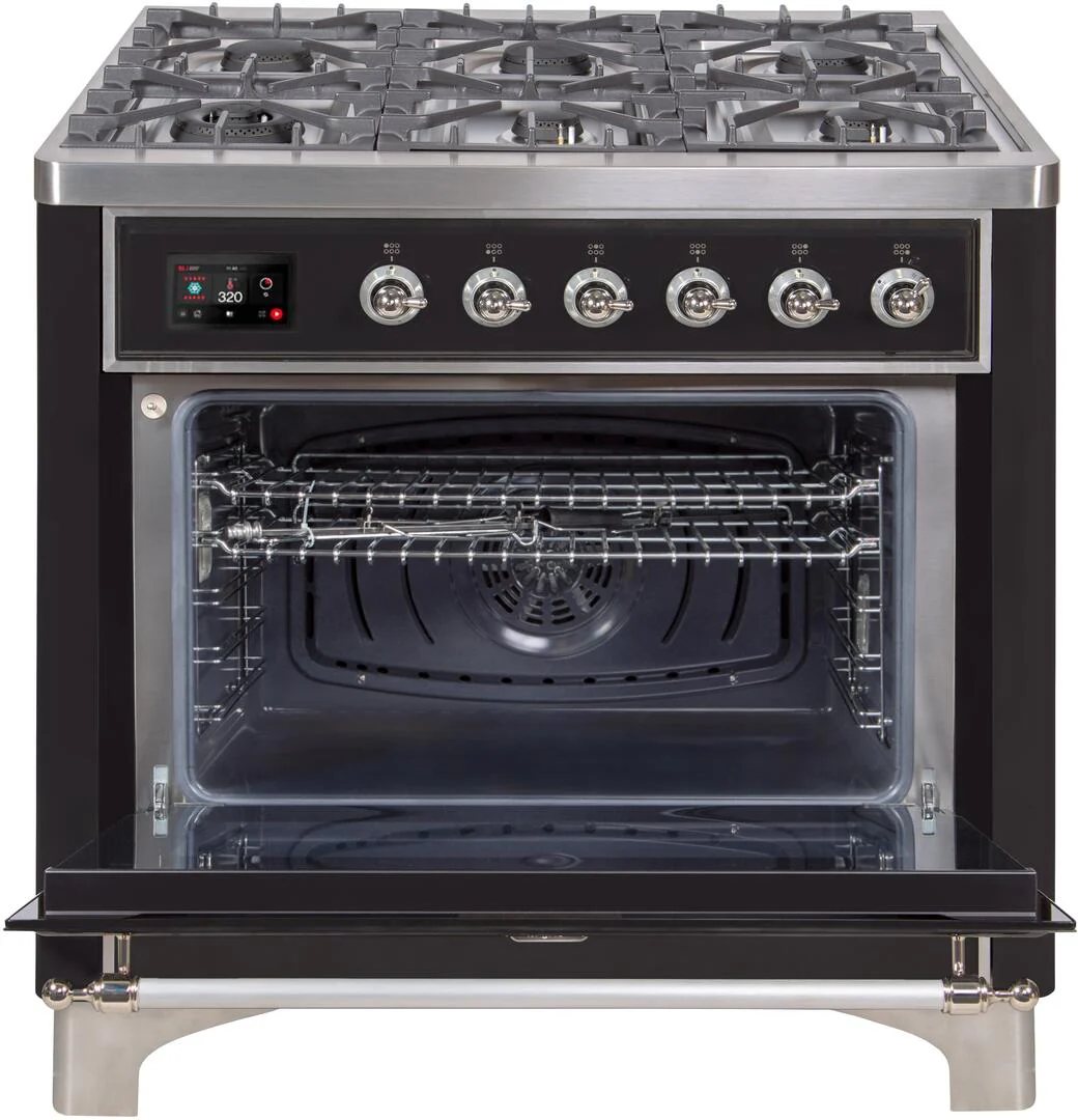 Ilve UM09FDNS3BKCLP Majestic Ii 36 Inch Dual Fuel Liquid Propane Freestanding Range In Glossy Black With Chrome Trim - Image 3
