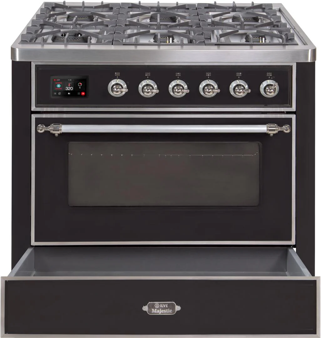 Ilve UM09FDNS3BKCLP Majestic Ii 36 Inch Dual Fuel Liquid Propane Freestanding Range In Glossy Black With Chrome Trim - Image 4