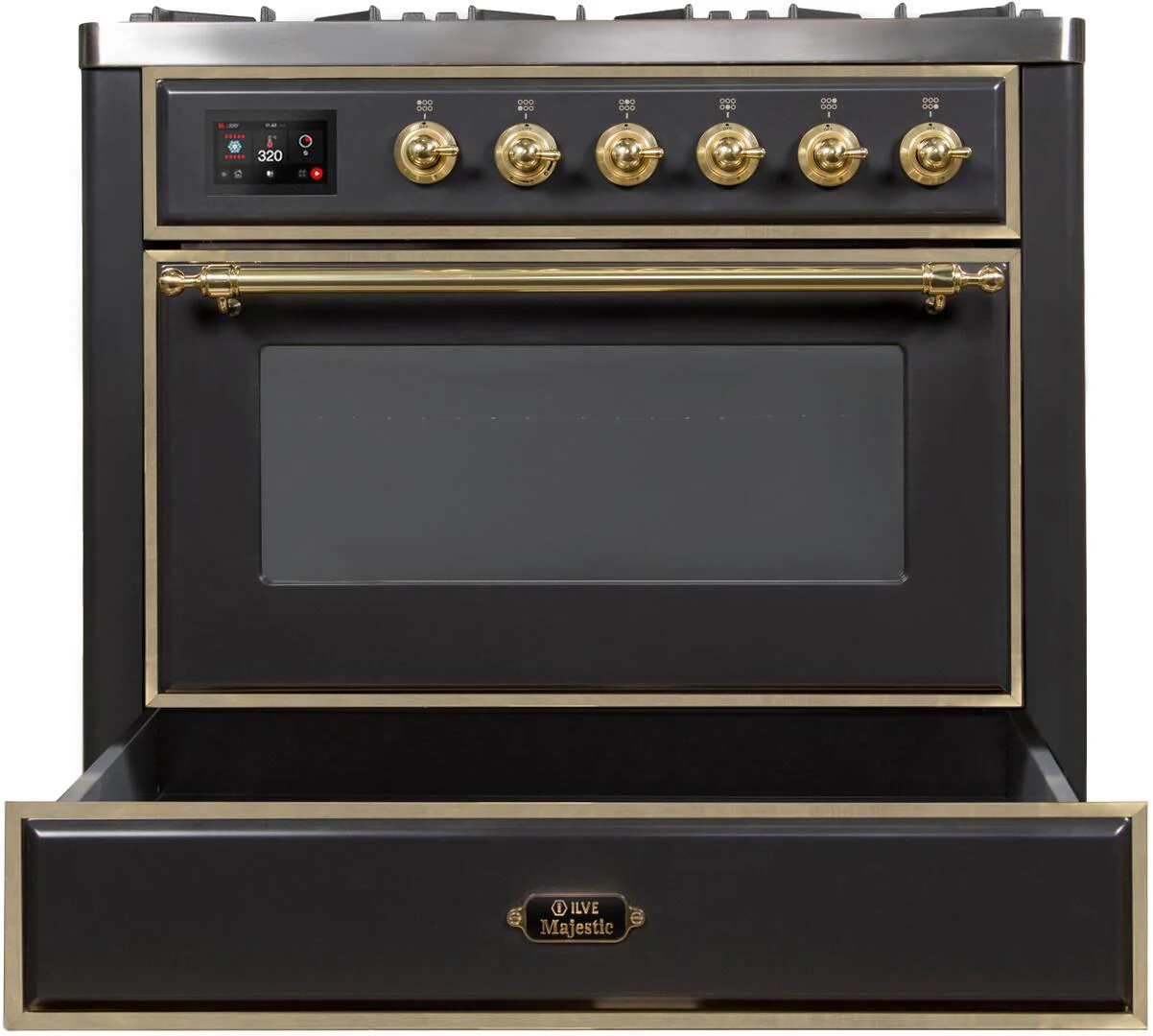 Ilve UM09FDNS3MGG Majestic Ii 36 Inch Dual Fuel Natural Gas Freestanding Range In Matte Graphite With Brass Trim - Image 4