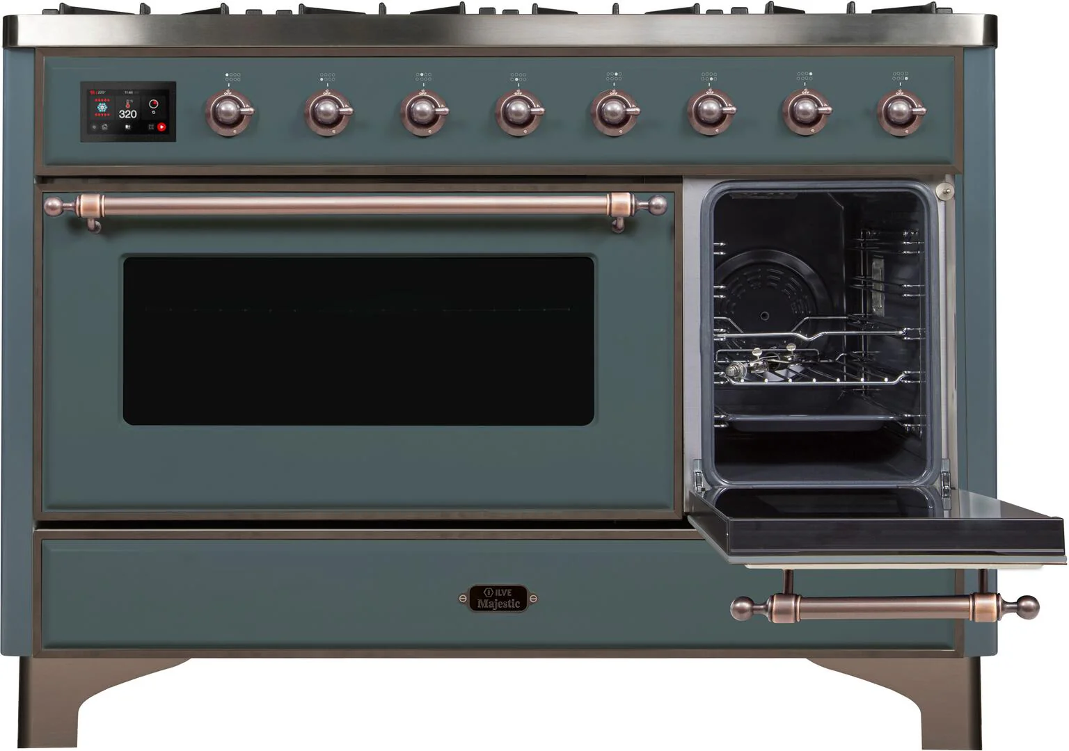 Ilve UM12FDNS3BGB Majestic Ii 48 Inch Dual Fuel Natural Gas Freestanding Range In Blue Grey With Bronze Trim - Image 5
