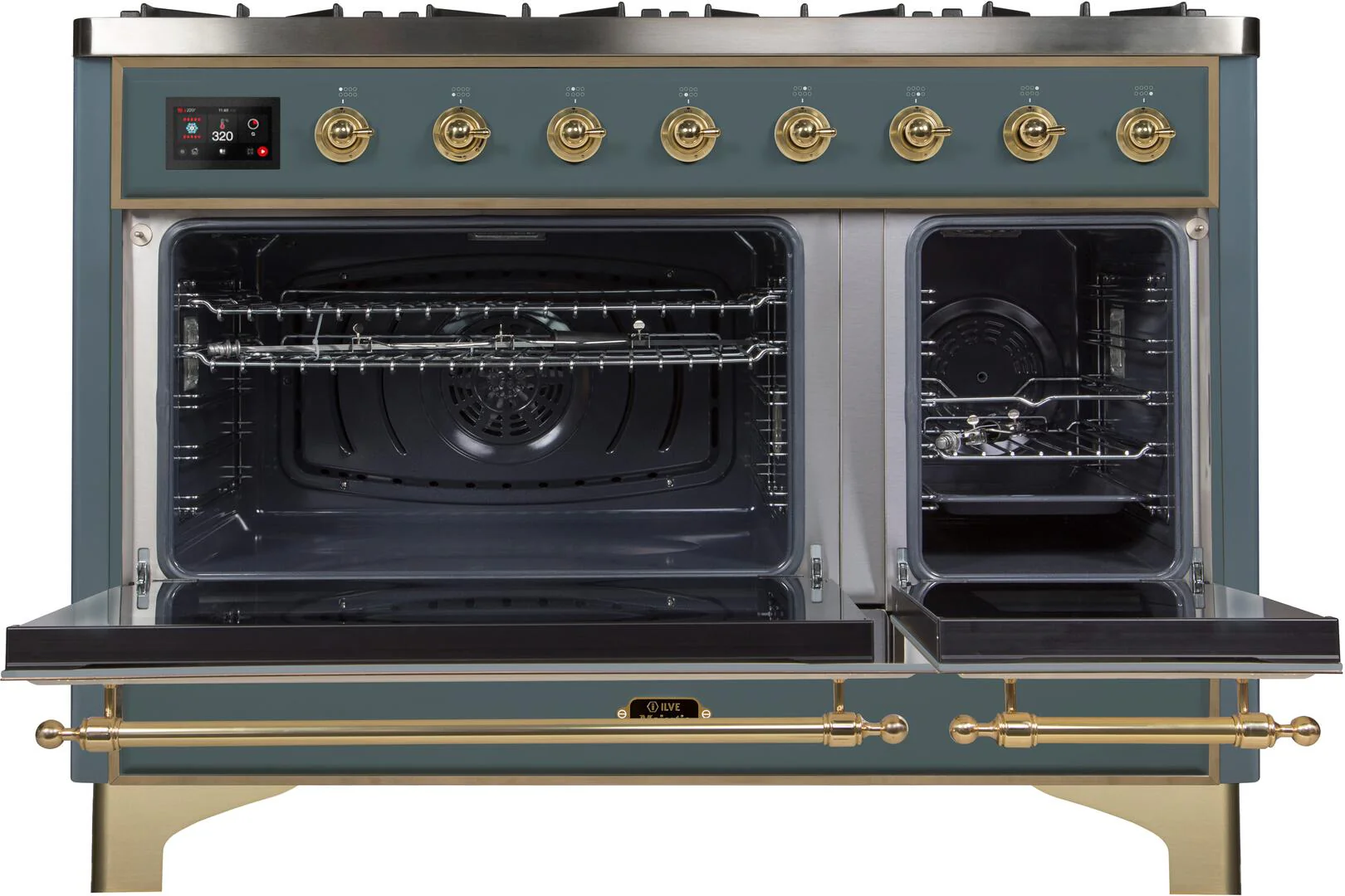 Ilve UM12FDNS3BGG Majestic Ii 48 Inch Dual Fuel Natural Gas Freestanding Range In Blue Grey With Brass Trim - Image 3