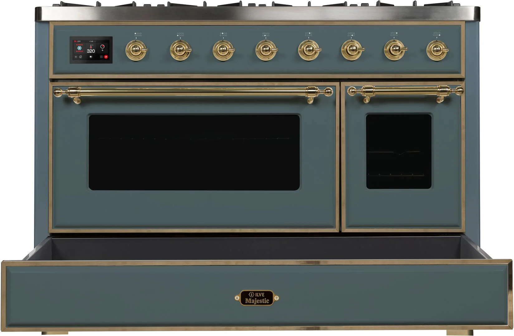 Ilve UM12FDNS3BGGLP Majestic Ii 48 Inch Dual Fuel Liquid Propane Freestanding Range In Blue Grey With Brass Trim - Image 6