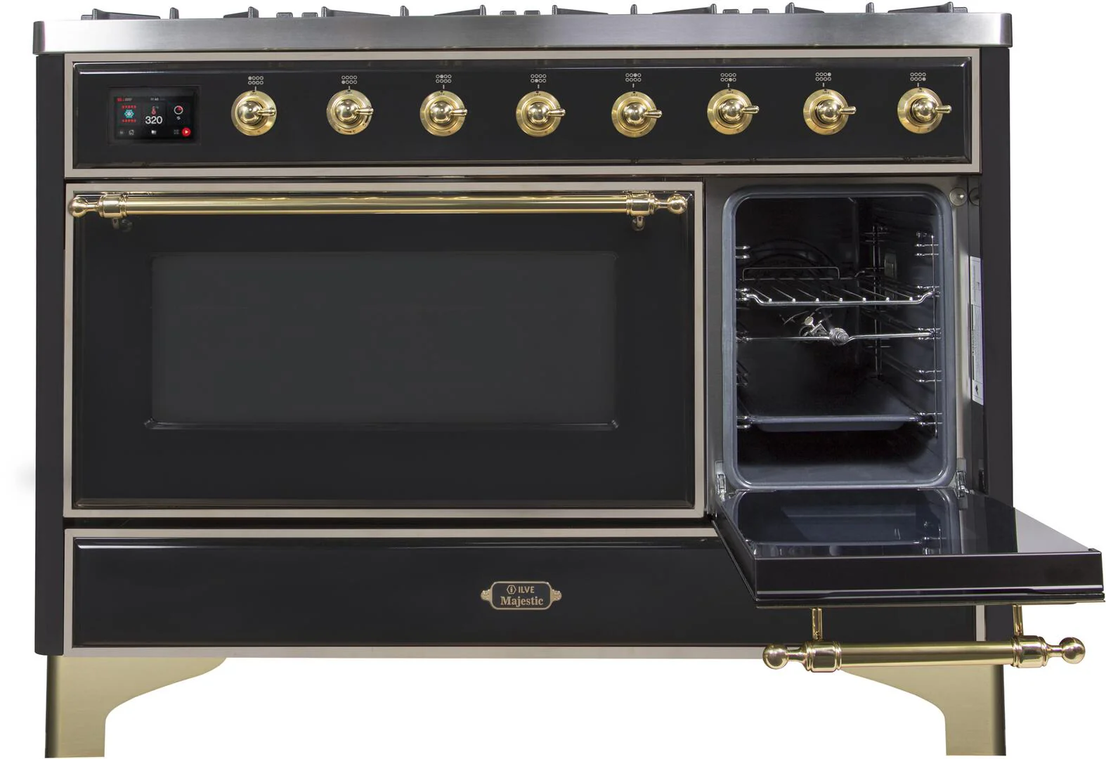 Ilve UM12FDNS3BKG Majestic Ii 48 Inch Dual Fuel Natural Gas Freestanding Range In Glossy Black With Brass Trim - Image 5