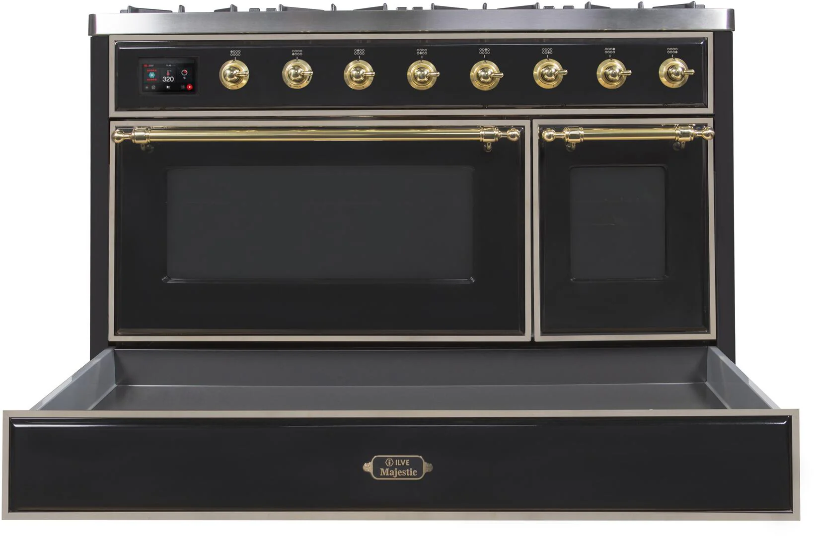 Ilve UM12FDNS3BKGLP Majestic Ii 48 Inch Dual Fuel Liquid Propane Freestanding Range In Glossy Black With Brass Trim - Image 6