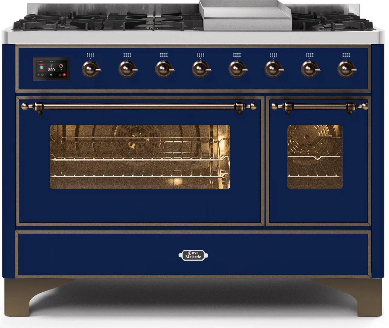Ilve UM12FDNS3MBB Majestic Ii 48 Inch Dual Fuel Natural Gas Freestanding Range In Blue With Bronze Trim