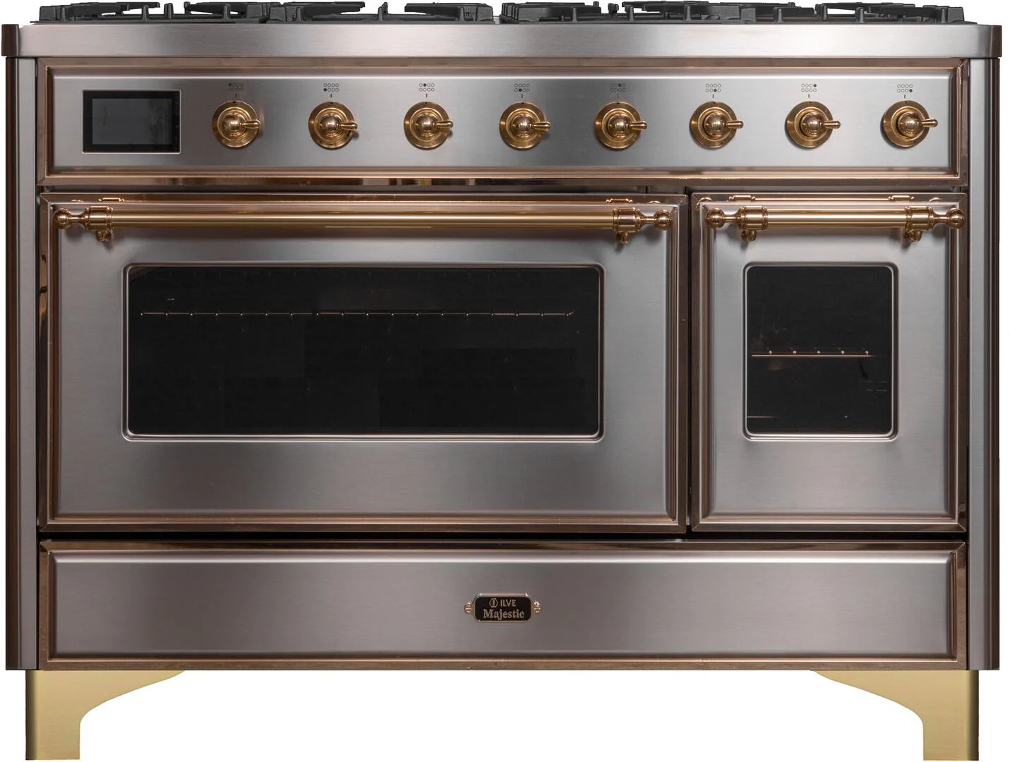 Ilve UM12FDNS3SSG Majestic Ii 48 Inch Dual Fuel Natural Gas Freestanding Range In Stainless Steel With Brass Trim
