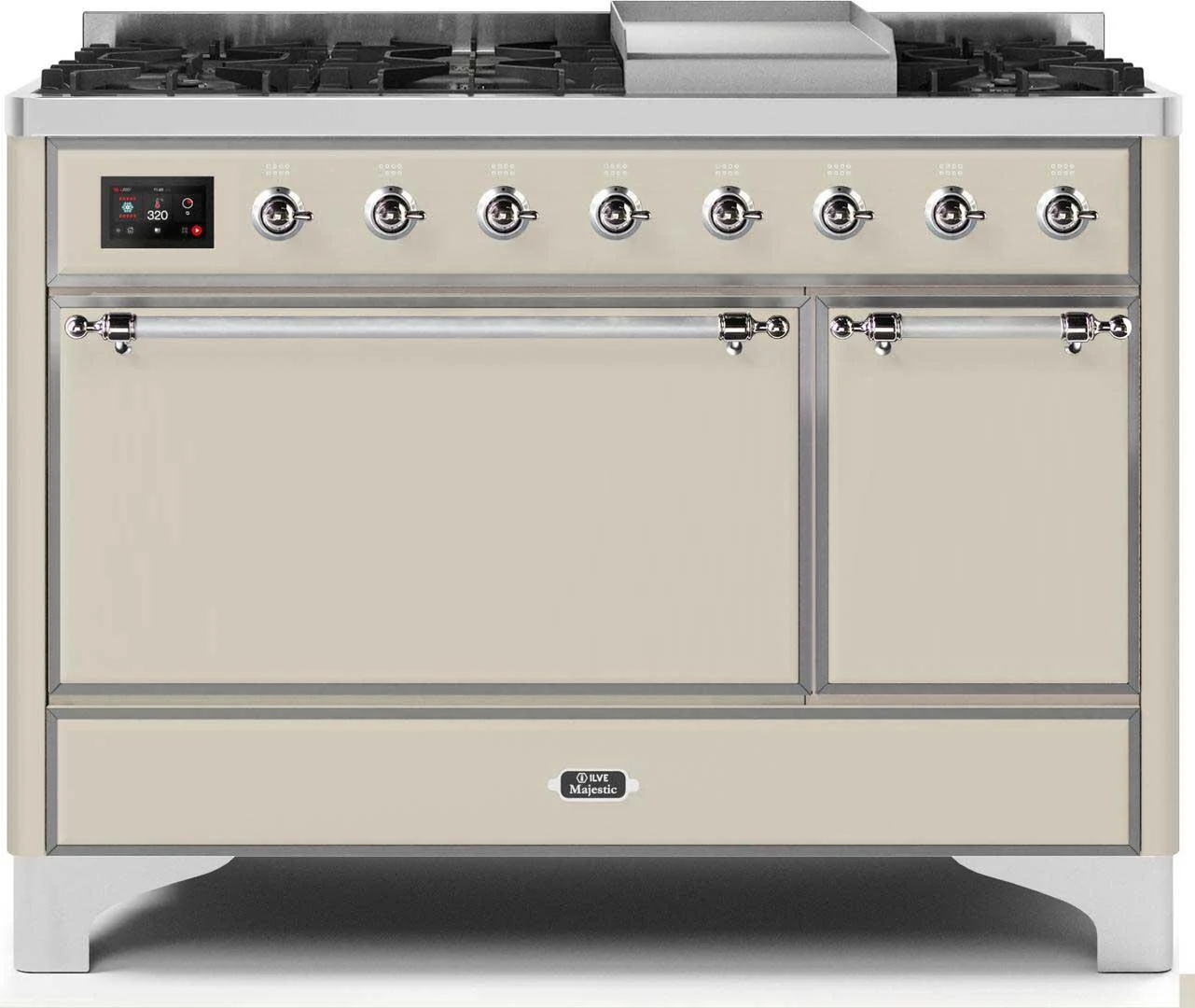Ilve UM12FDQNS3AWC Majestic Ii 48 Inch Dual Fuel Natural Gas Freestanding Range In Antique White With Chrome Trim