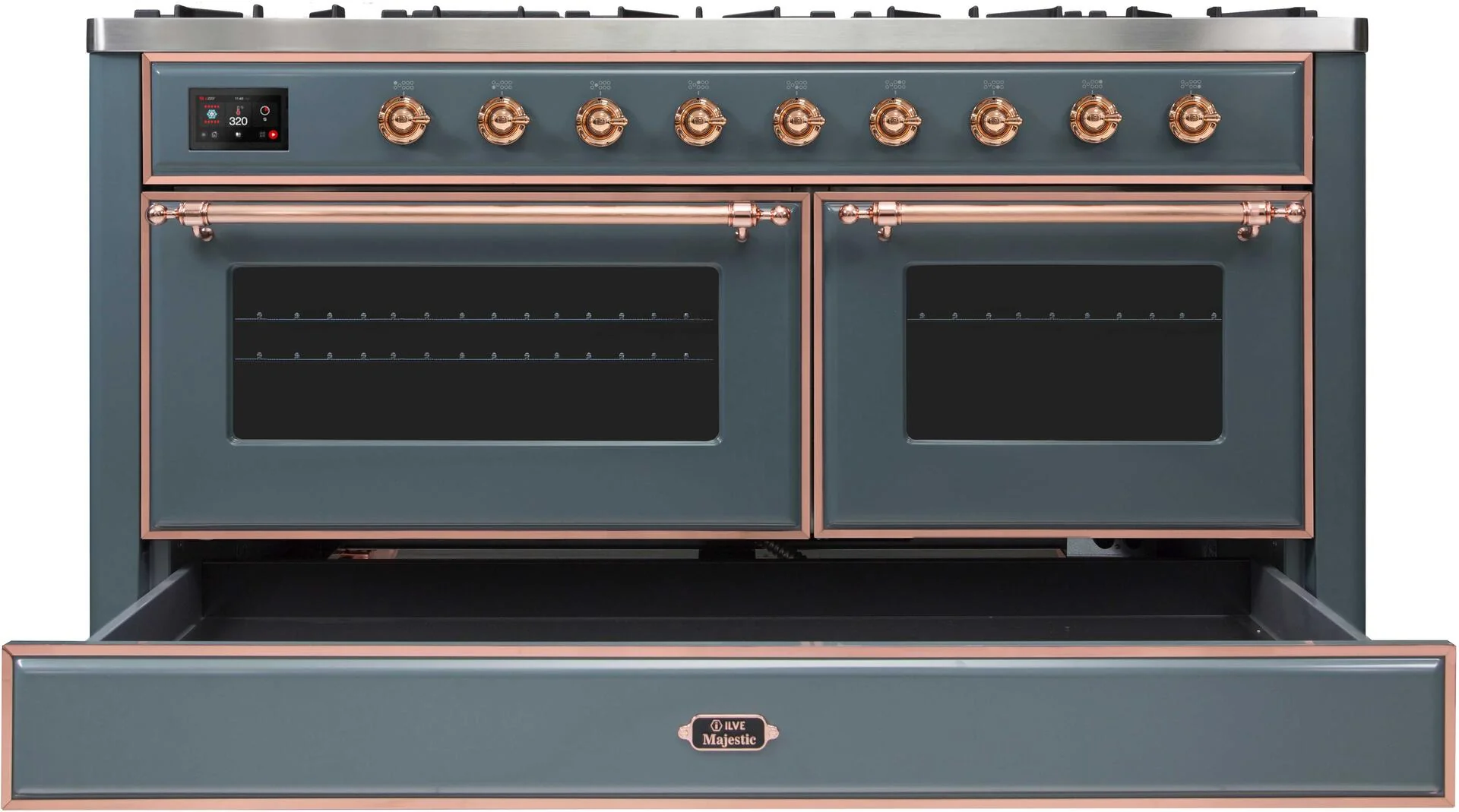 Ilve UM15FDNS3BGPLP Majestic Ii 60 Inch Dual Fuel Liquid Propane Freestanding Range In Blue Grey With Copper Trim - Image 6