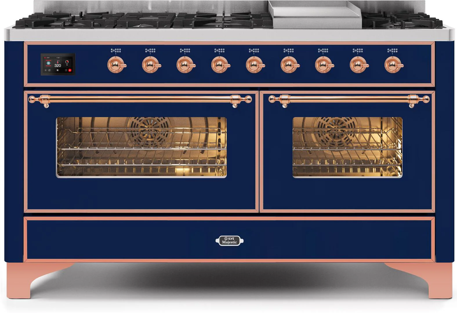 Ilve UM15FDNS3MBPLP Majestic Ii 60 Inch Dual Fuel Liquid Propane Freestanding Range In Blue With Copper Trim