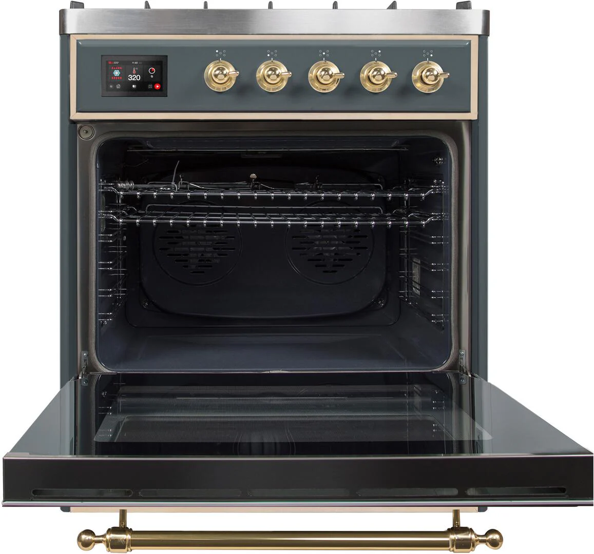 Ilve UM30DNE3BGG Majestic Ii 30 Inch Dual Fuel Natural Gas Freestanding Range In Blue Grey With Brass Trim - Image 3