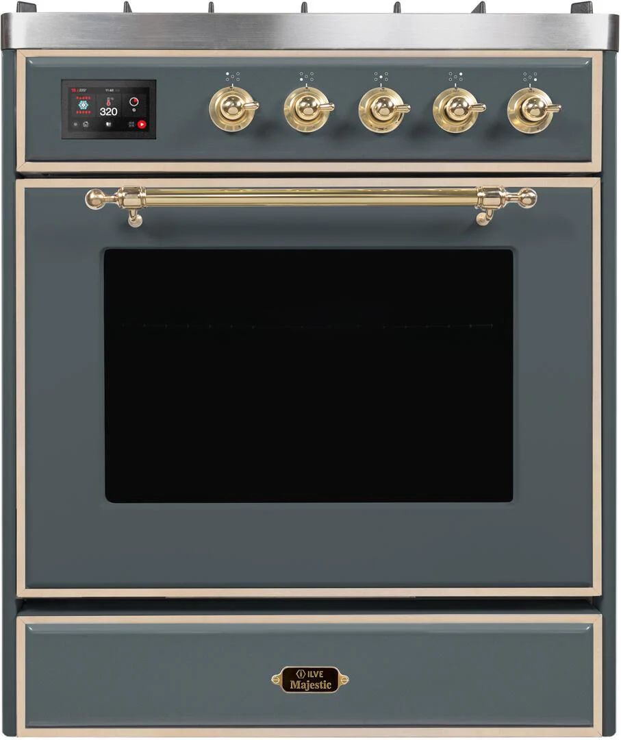 Ilve UM30DNE3BGGLP Majestic Ii 30 Inch Dual Fuel Liquid Propane Freestanding Range In Blue Grey With Brass Trim - Image 2