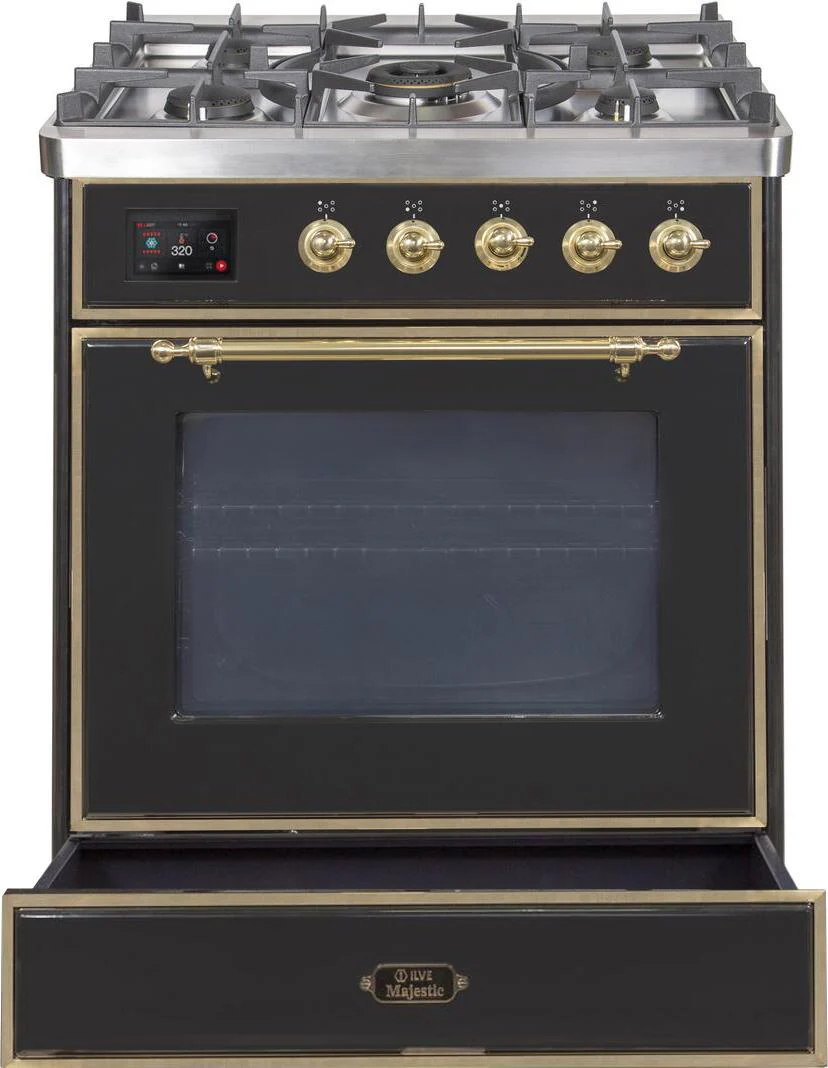 Ilve UM30DNE3BKG Majestic Ii 30 Inch Dual Fuel Natural Gas Freestanding Range In Glossy Black With Brass Trim - Image 2