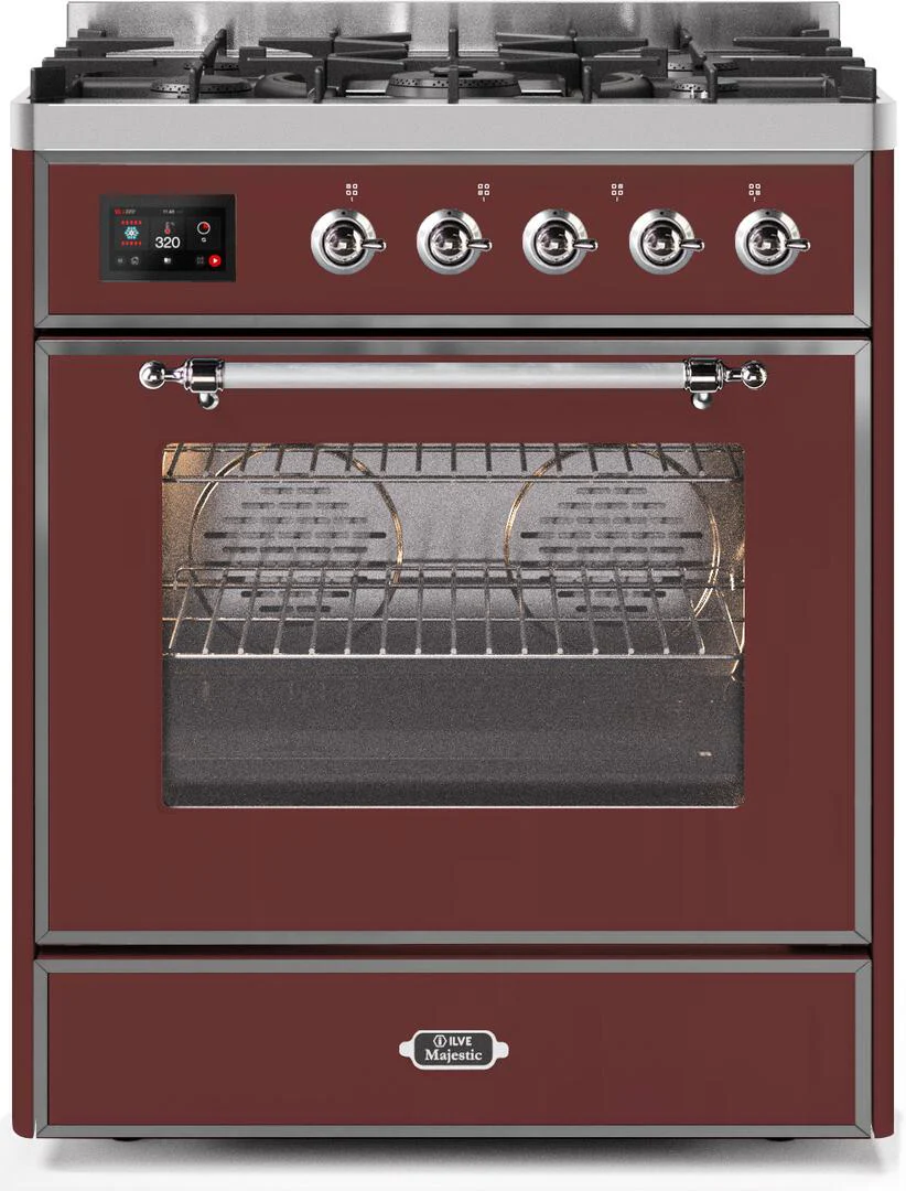 Ilve UM30DNE3BUC Majestic Ii 30 Inch Dual Fuel Natural Gas Freestanding Range In Burgundy With Chrome Trim