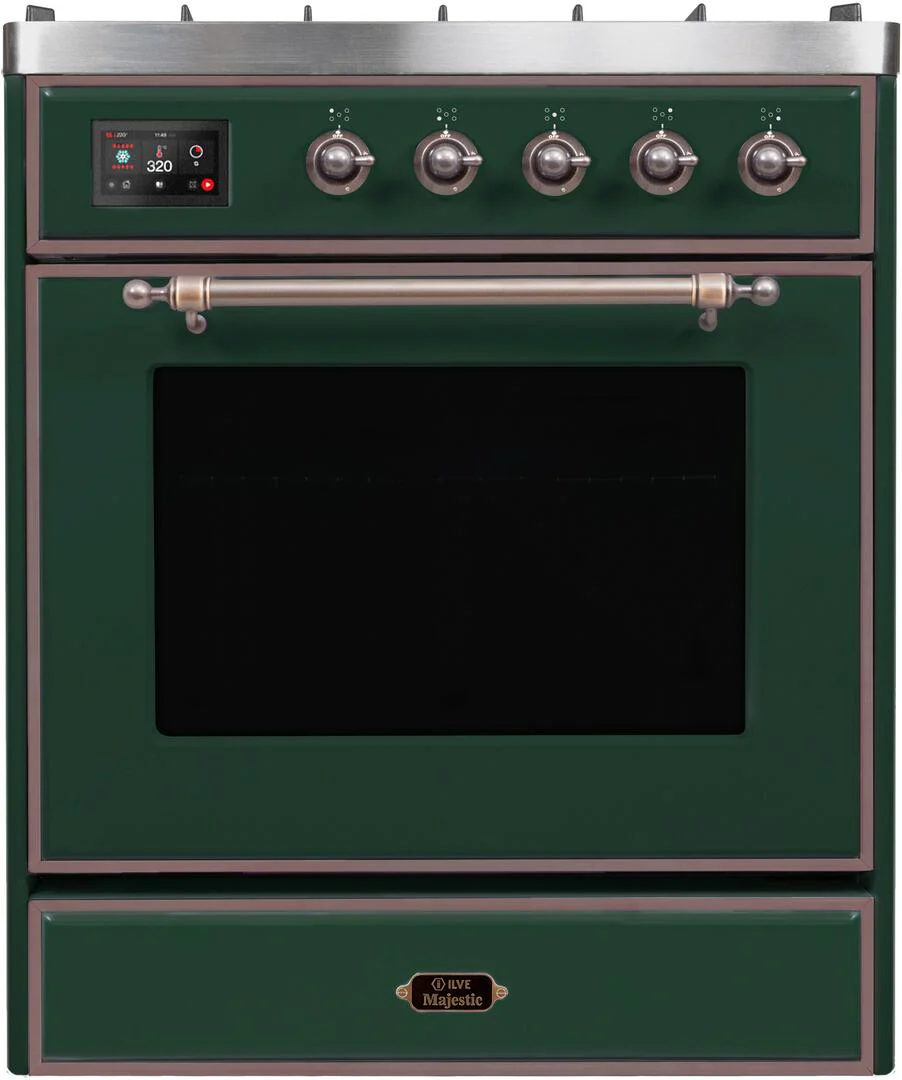 Ilve UM30DNE3EGB Majestic Ii 30 Inch Dual Fuel Natural Gas Freestanding Range In Emerald Green With Bronze Trim - Image 2