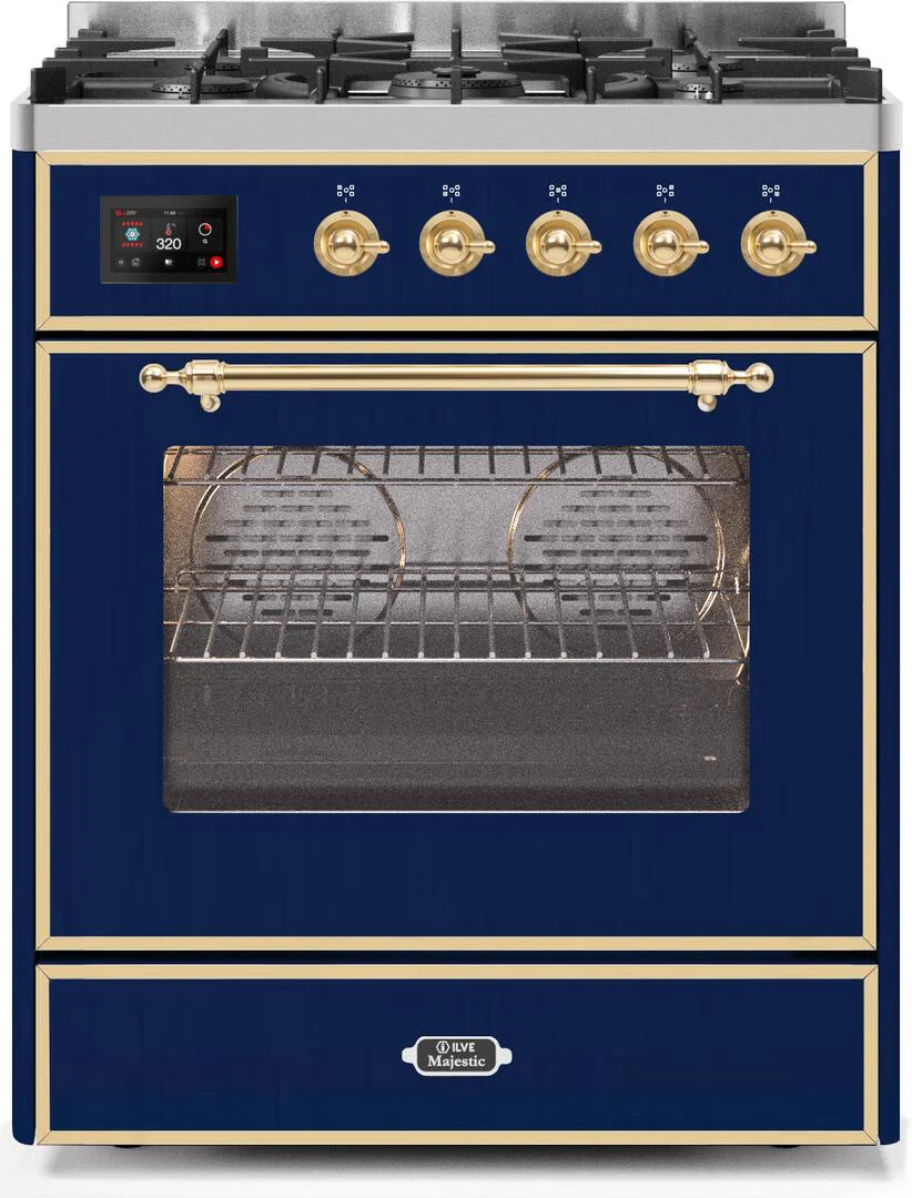 Ilve UM30DNE3MBGLP Majestic Ii 30 Inch Dual Fuel Liquid Propane Freestanding Range In Blue With Brass Trim