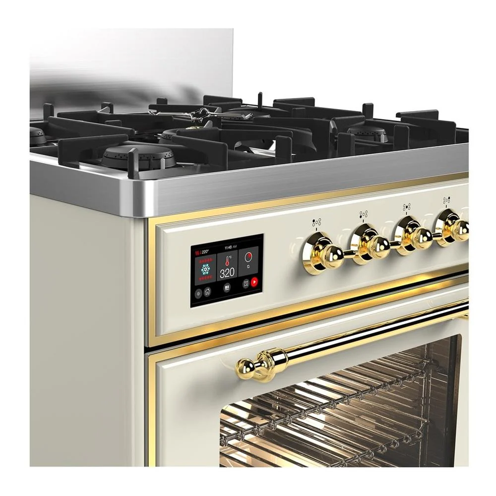 Ilve UM30NR3AWGLP Ilve Um30Nr3Awglp Majestic Iii 30 Inch Dual Fuel Range With 5 Black Brass Burners, Dual Function Burner Up To 25,000 Btu (Liquid Propane, Triple Glass Door, Antique White, Brass) - Image 2