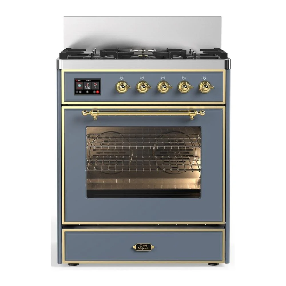 Ilve UM30NR3BGG Ilve Um30Nr3Bgg Majestic Iii 30 Inch Dual Fuel Range With 5 Black Brass Burners, Dual Function Burner Up To 25,000 Btu (Natural Gas, Triple Glass Door, Blue Grey, Brass)