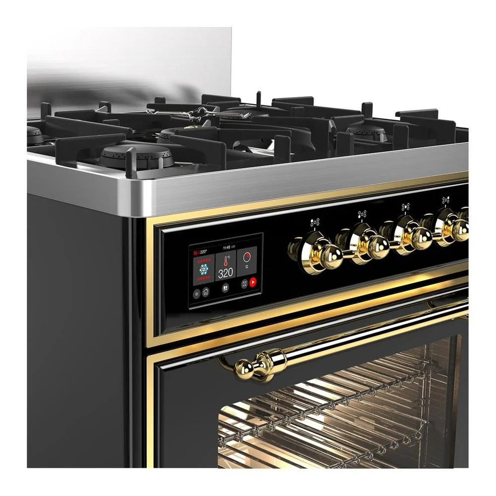 Ilve UM30NR3BKG Ilve Um30Nr3Bkg Majestic Iii 30 Inch Dual Fuel Range With 5 Black Brass Burners, Dual Function Burner Up To 25,000 Btu (Natural Gas, Triple Glass Door, Glossy Black, Brass) - Image 2