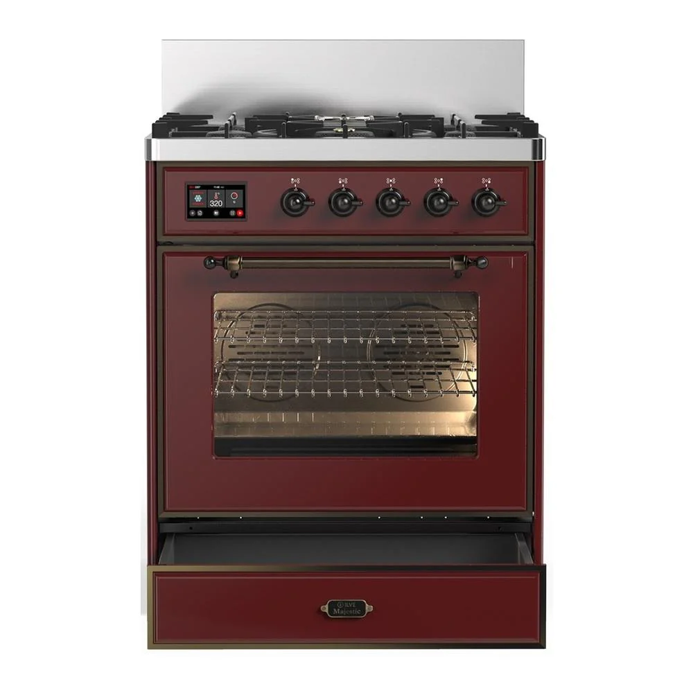 Ilve UM30NR3BUB Ilve Um30Nr3Bub Majestic Iii 30 Inch Dual Fuel Range With 5 Black Brass Burners, Dual Function Burner Up To 25,000 Btu (Natural Gas, Triple Glass Door, Burgundy, Burnished) - Image 4