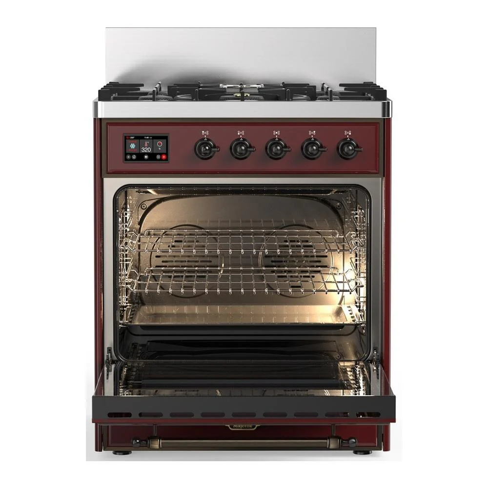 Ilve UM30NR3BUBLP Ilve Um30Nr3Bublp Majestic Iii 30 Inch Dual Fuel Range With 5 Black Brass Burners, Dual Function Burner Up To 25,000 Btu (Liquid Propane, Triple Glass Door, Burgundy, Burnished) - Image 3