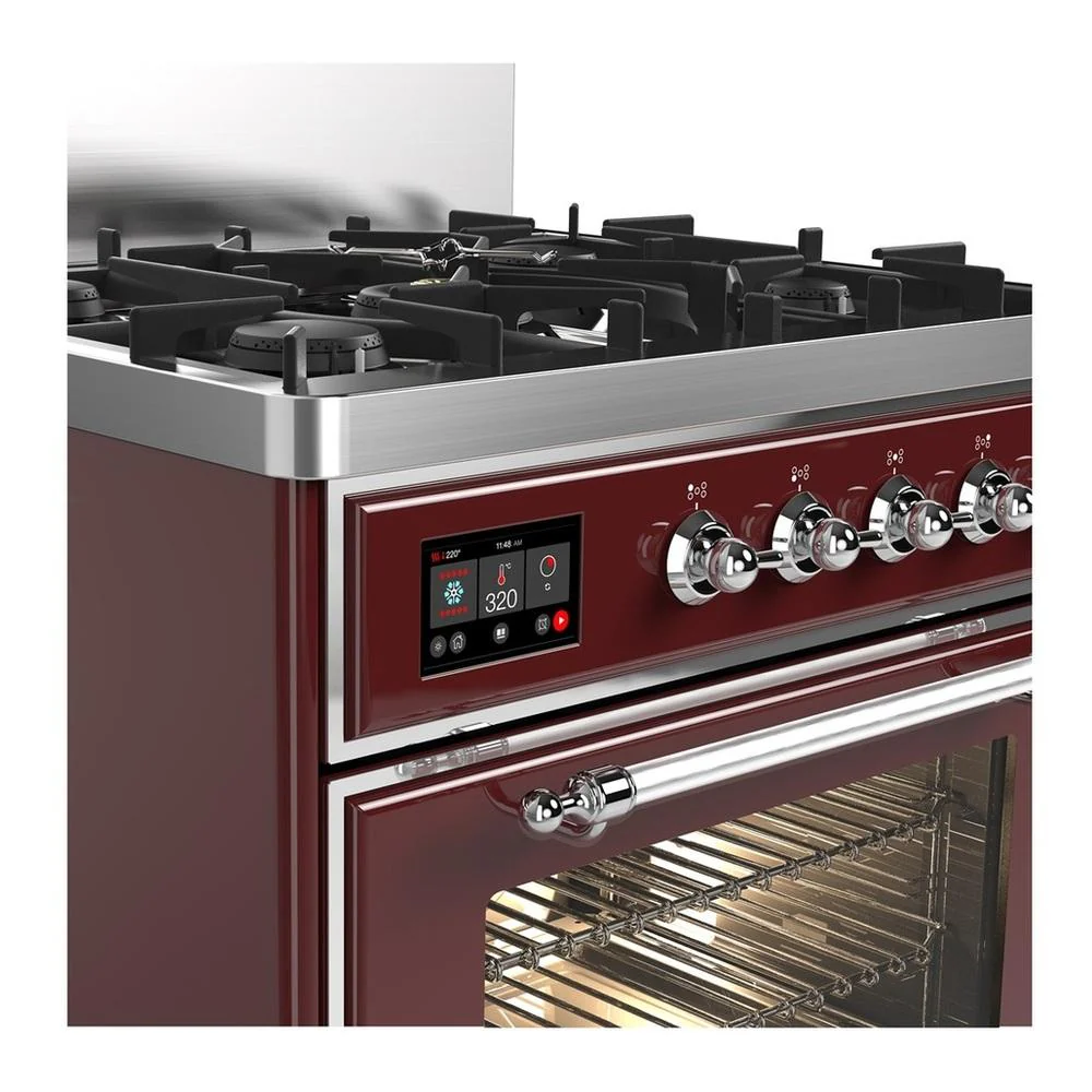 Ilve UM30NR3BUC Ilve Um30Nr3Buc Majestic Iii 30 Inch Dual Fuel Range With 5 Black Brass Burners, Dual Function Burner Up To 25,000 Btu (Natural Gas, Triple Glass Door, Burgundy, Chrome) - Image 2