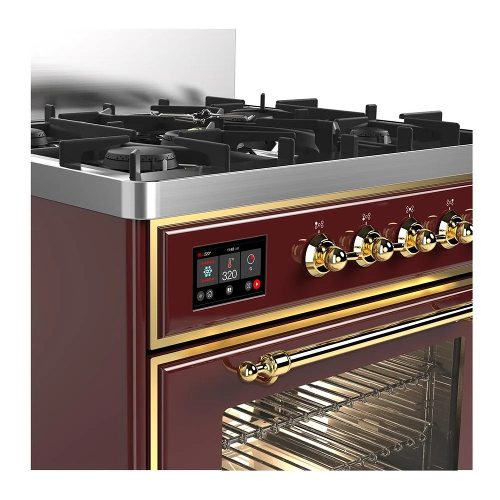 Ilve UM30NR3BUG Ilve Um30Nr3Bug Majestic Iii 30 Inch Dual Fuel Range With 5 Black Brass Burners, Dual Function Burner Up To 25,000 Btu (Natural Gas, Triple Glass Door, Burgundy, Brass) - Image 2