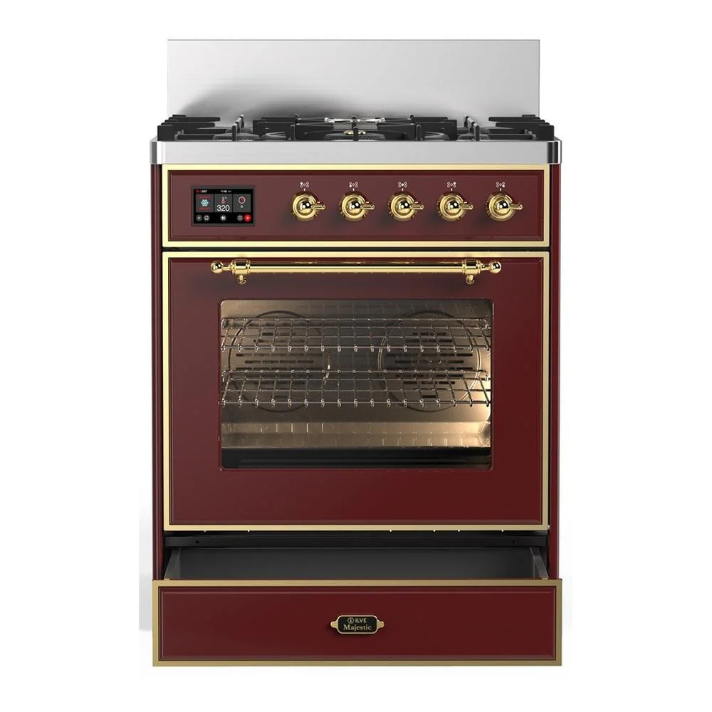 Ilve UM30NR3BUG Ilve Um30Nr3Bug Majestic Iii 30 Inch Dual Fuel Range With 5 Black Brass Burners, Dual Function Burner Up To 25,000 Btu (Natural Gas, Triple Glass Door, Burgundy, Brass) - Image 4