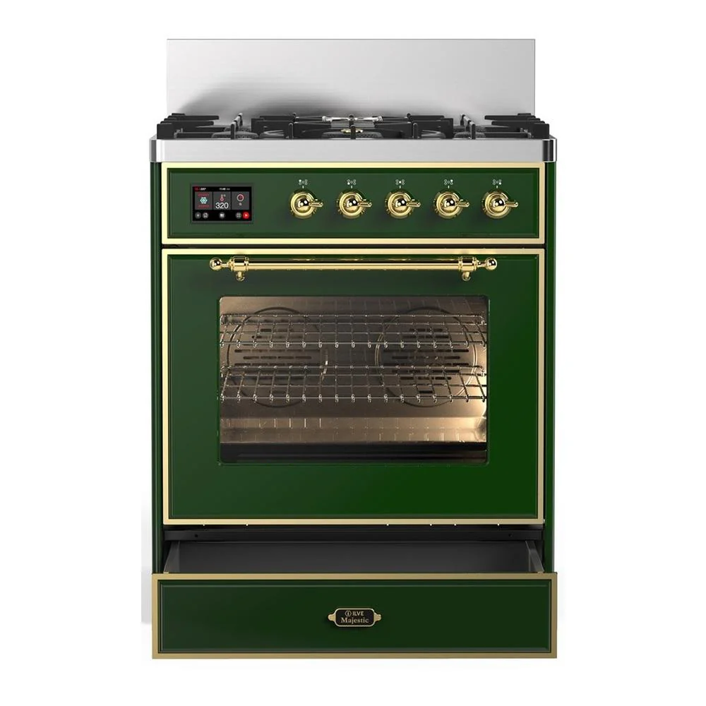 Ilve UM30NR3EGGLP Ilve Um30Nr3Egglp Majestic Iii 30 Inch Dual Fuel Range With 5 Black Brass Burners, Dual Function Burner Up To 25,000 Btu (Liquid Propane, Triple Glass Door, Emerald Green, Brass) - Image 3
