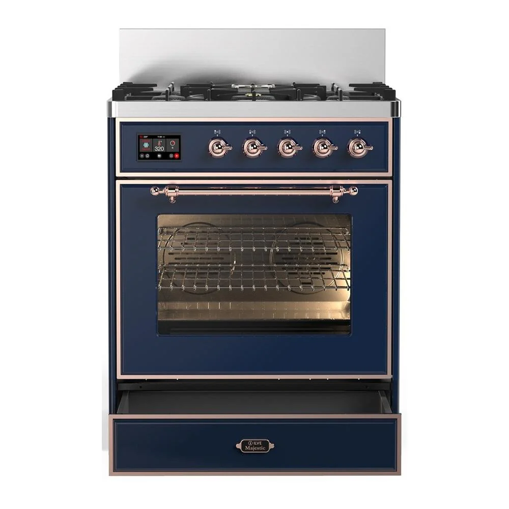 Ilve UM30NR3MBPLP Ilve Um30Nr3Mbplp Majestic Iii 30 Inch Dual Fuel Range With 5 Black Brass Burners, Dual Function Burner Up To 25,000 Btu (Liquid Propane, Triple Glass Door, Midnight Blue, Copper) - Image 3