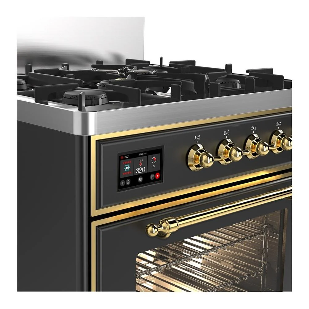 Ilve UM30NR3MGGLP Ilve Um30Nr3Mgglp Majestic Iii 30 Inch Dual Fuel Range With 5 Black Brass Burners, Dual Function Burner Up To 25,000 Btu (Liquid Propane, Triple Glass Door, Graphite Matte, Brass) - Image 2