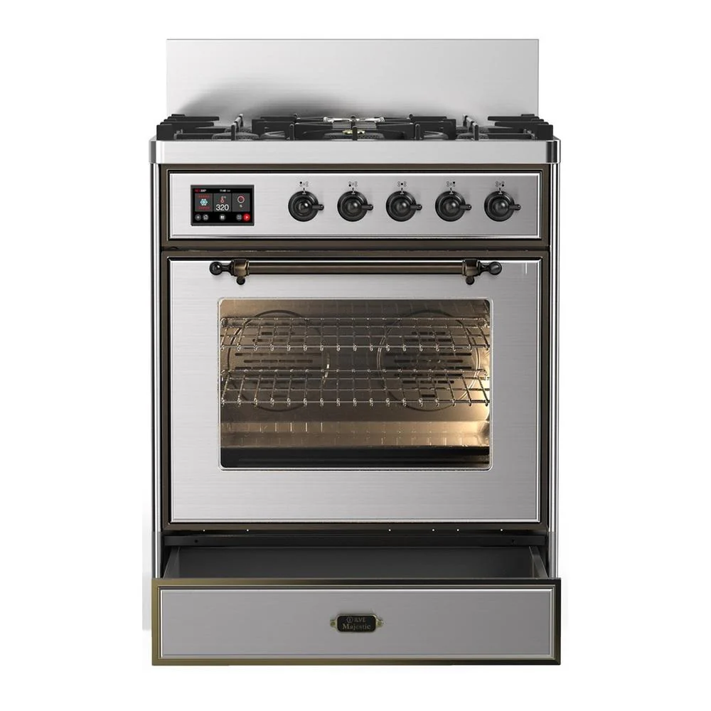 Ilve UM30NR3SSBLP Ilve Um30Nr3Ssblp Majestic Iii 30 Inch Dual Fuel Range With 5 Black Brass Burners, Dual Function Burner Up To 25,000 Btu (Liquid Propane, Triple Glass Door, Stainless Steel, Burnished) - Image 3