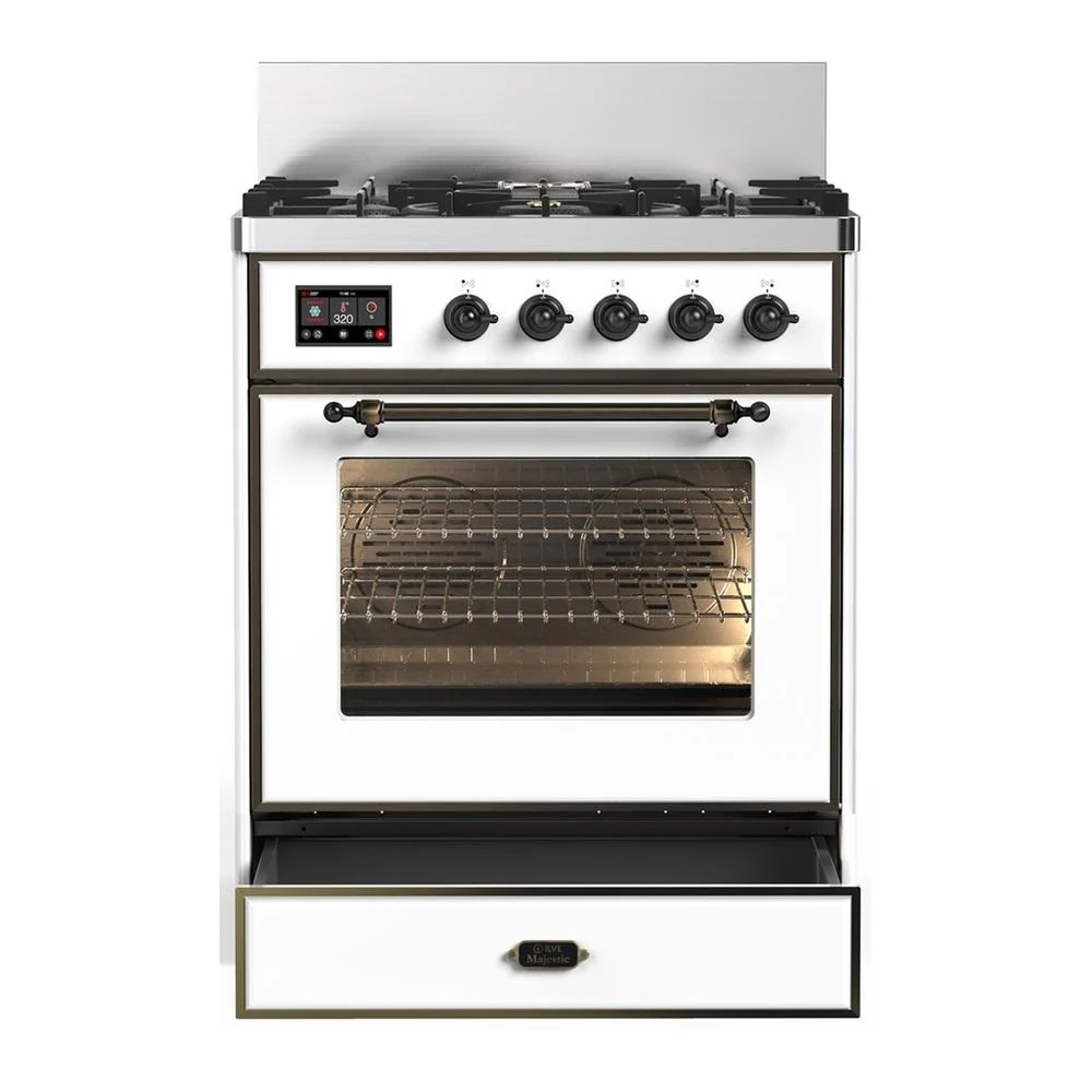 Ilve UM30NR3WHB Ilve Um30Nr3Whb Majestic Iii 30 Inch Dual Fuel Range With 5 Black Brass Burners, Dual Function Burner Up To 25,000 Btu (Natural Gas, Triple Glass Door, White, Burnished) - Image 3