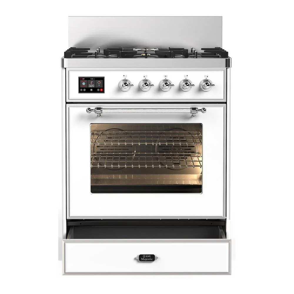 Ilve UM30NR3WHCLP Ilve Um30Nr3Whclp Majestic Iii 30 Inch Dual Fuel Range With 5 Black Brass Burners, Dual Function Burner Up To 25,000 Btu (Liquid Propane, Triple Glass Door, White, Chrome) - Image 3
