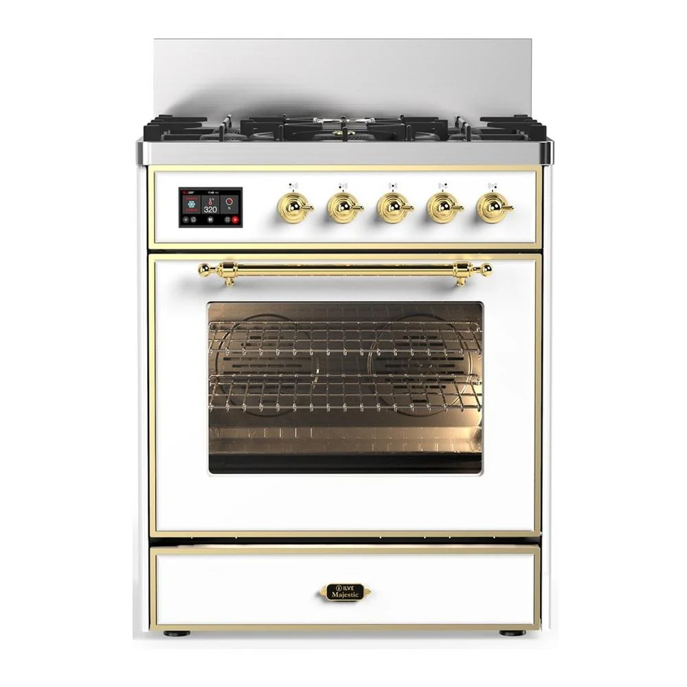 Ilve UM30NR3WHGLP Ilve Um30Nr3Whglp Majestic Iii 30 Inch Dual Fuel Range With 5 Black Brass Burners, Dual Function Burner Up To 25,000 Btu (Liquid Propane, Triple Glass Door, White, Brass)