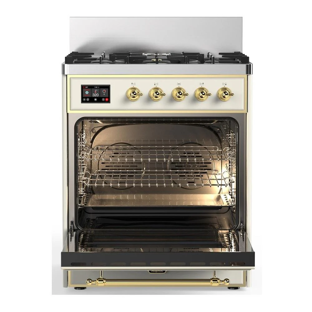 Ilve UM30QNR3AWGLP Ilve Um30Qnr3Awglp Majestic Iii 30 Inch Dual Fuel Range With 5 Black Brass Burners, Dual Function Burner Up To 25,000 Btu (Liquid Propane, Solid Door, Antique White, Brass) - Image 4