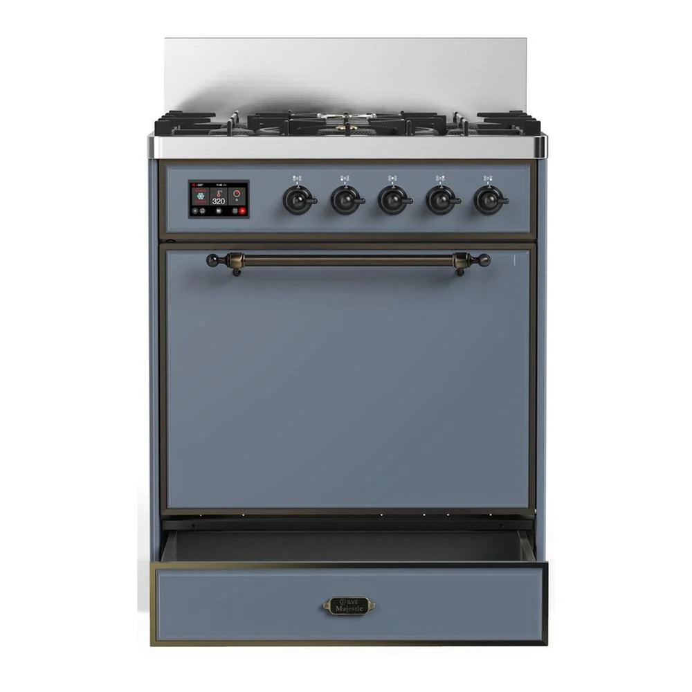 Ilve UM30QNR3BGBLP Ilve Um30Qnr3Bgblp Majestic Iii 30 Inch Dual Fuel Range With 5 Black Brass Burners, Dual Function Burner Up To 25,000 Btu (Liquid Propane, Solid Door, Blue Grey, Burnished) - Image 3