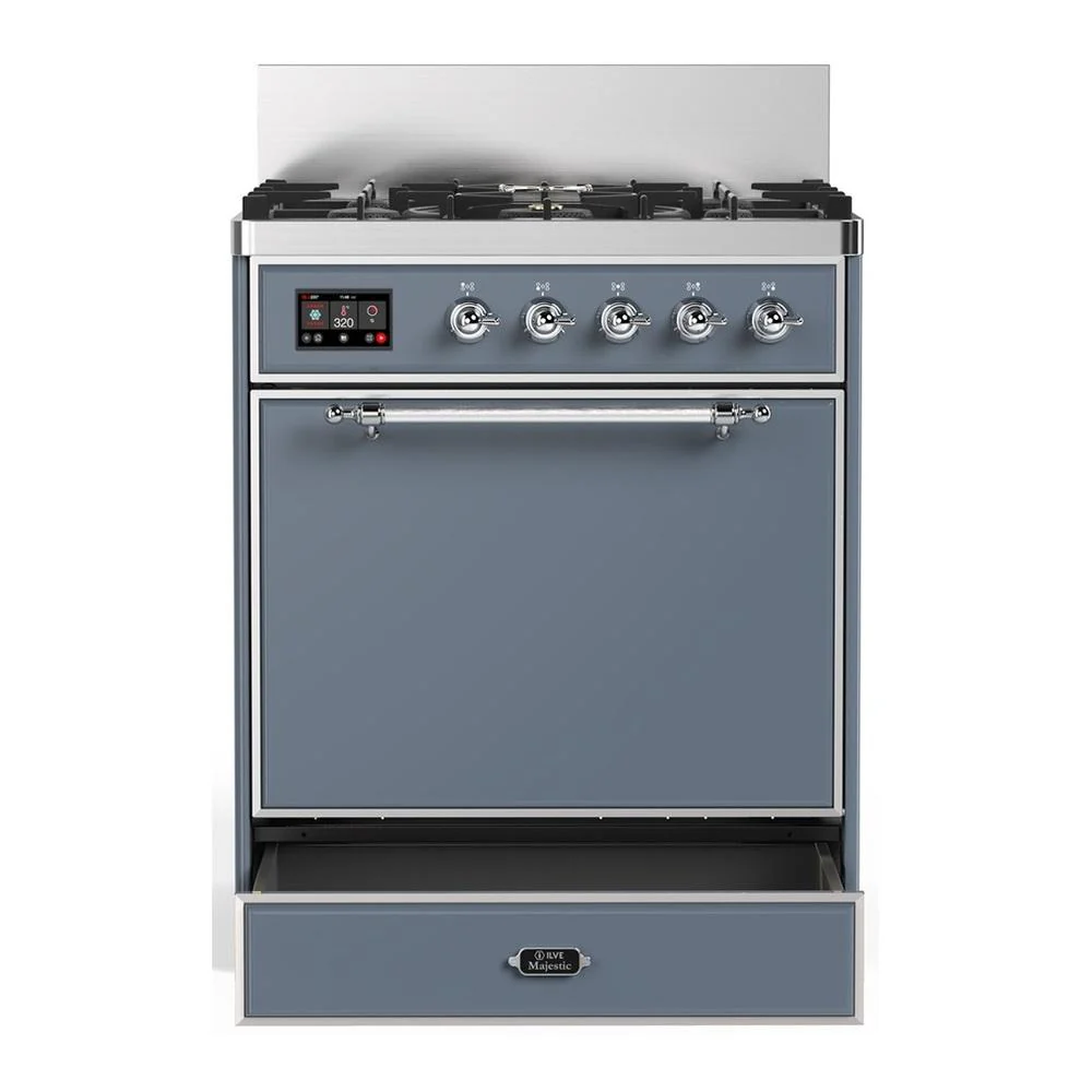 Ilve UM30QNR3BGCLP Ilve Um30Qnr3Bgclp Majestic Iii 30 Inch Dual Fuel Range With 5 Black Brass Burners, Dual Function Burner Up To 25,000 Btu (Liquid Propane, Solid Door, Blue Grey, Chrome) - Image 3