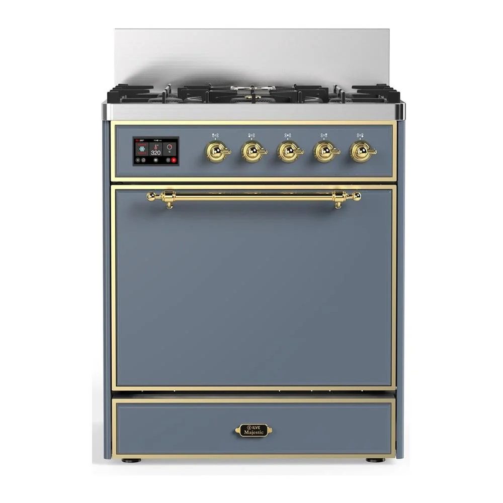 Ilve UM30QNR3BGG Ilve Um30Qnr3Bgg Majestic Iii 30 Inch Dual Fuel Range With 5 Black Brass Burners, Dual Function Burner Up To 25,000 Btu (Natural Gas, Solid Door, Blue Grey, Brass)