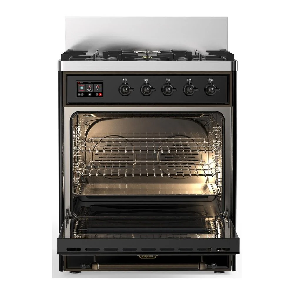 Ilve UM30QNR3BKB Ilve Um30Qnr3Bkb Majestic Iii 30 Inch Dual Fuel Range With 5 Black Brass Burners, Dual Function Burner Up To 25,000 Btu (Natural Gas, Solid Door, Glossy Black, Burnished) - Image 4
