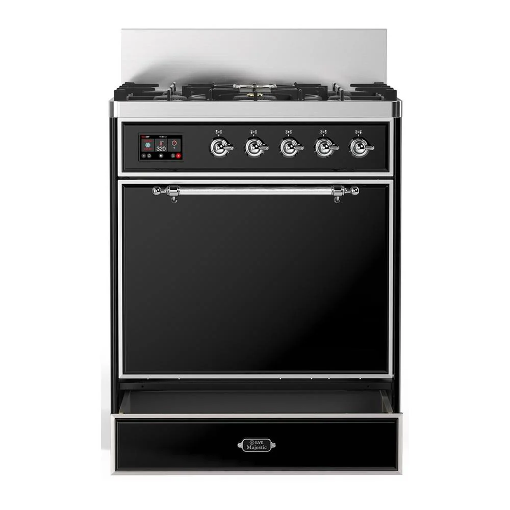 Ilve UM30QNR3BKCLP Ilve Um30Qnr3Bkclp Majestic Iii 30 Inch Dual Fuel Range With 5 Black Brass Burners, Dual Function Burner Up To 25,000 Btu (Liquid Propane, Solid Door, Glossy Black, Chrome) - Image 3