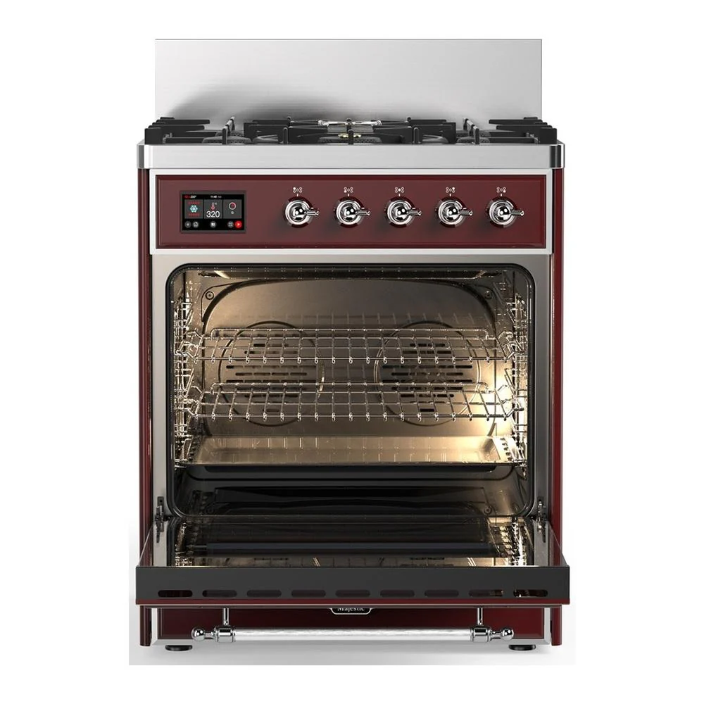 Ilve UM30QNR3BUC Ilve Um30Qnr3Buc Majestic Iii 30 Inch Dual Fuel Range With 5 Black Brass Burners, Dual Function Burner Up To 25,000 Btu (Natural Gas, Solid Door, Burgundy, Chrome) - Image 4
