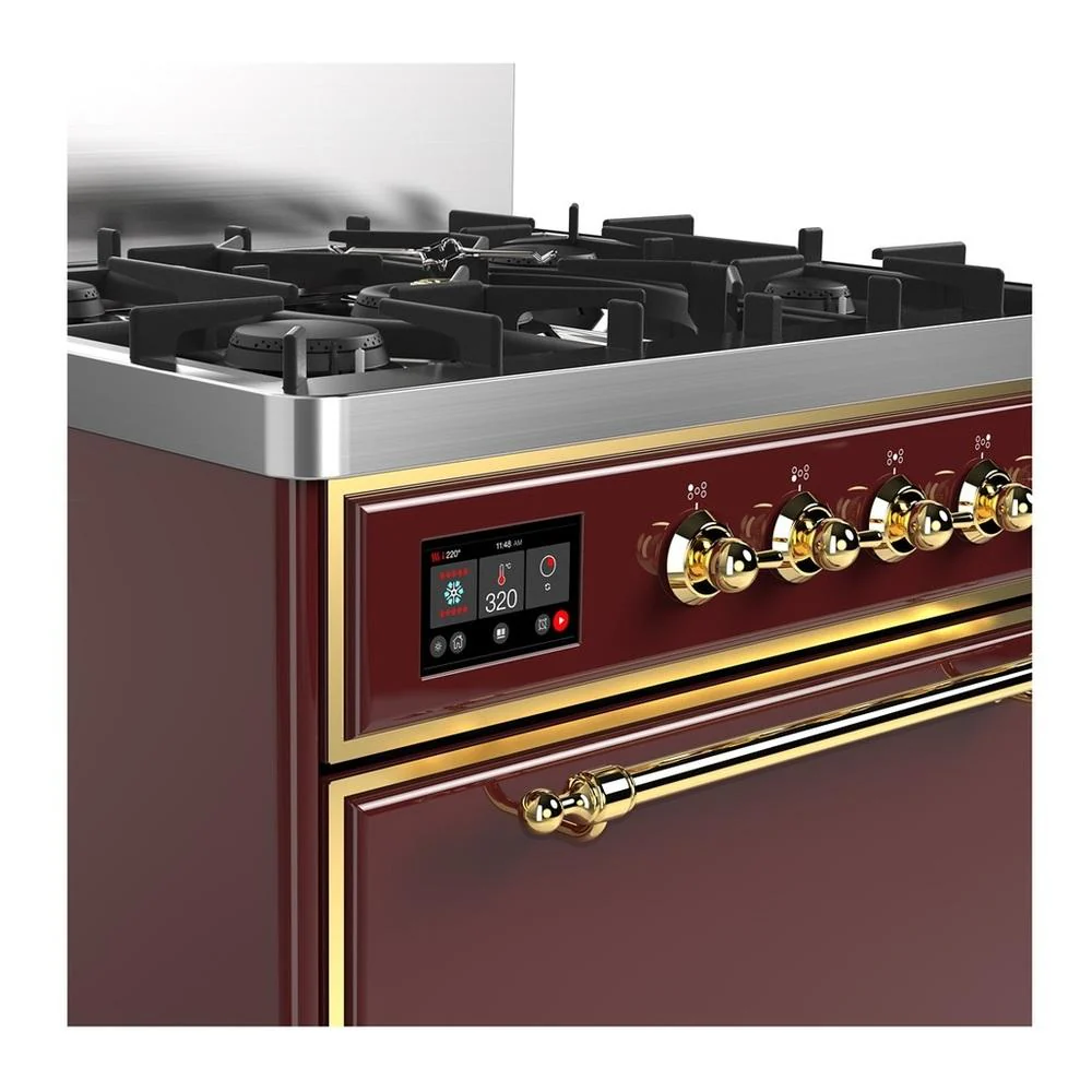Ilve UM30QNR3BUGLP Ilve Um30Qnr3Buglp Majestic Iii 30 Inch Dual Fuel Range With 5 Black Brass Burners, Dual Function Burner Up To 25,000 Btu (Liquid Propane, Solid Door, Burgundy, Brass) - Image 2