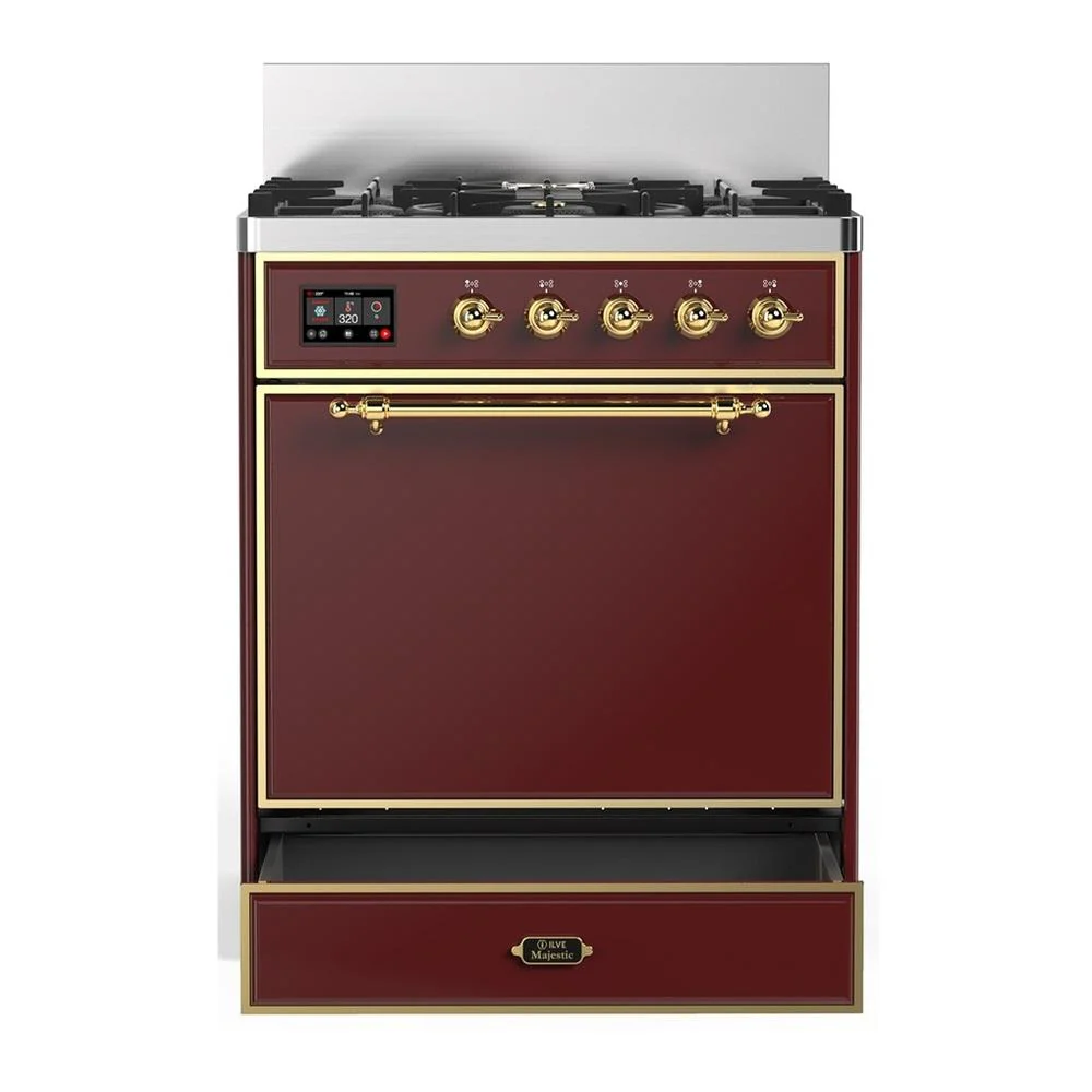 Ilve UM30QNR3BUGLP Ilve Um30Qnr3Buglp Majestic Iii 30 Inch Dual Fuel Range With 5 Black Brass Burners, Dual Function Burner Up To 25,000 Btu (Liquid Propane, Solid Door, Burgundy, Brass) - Image 3