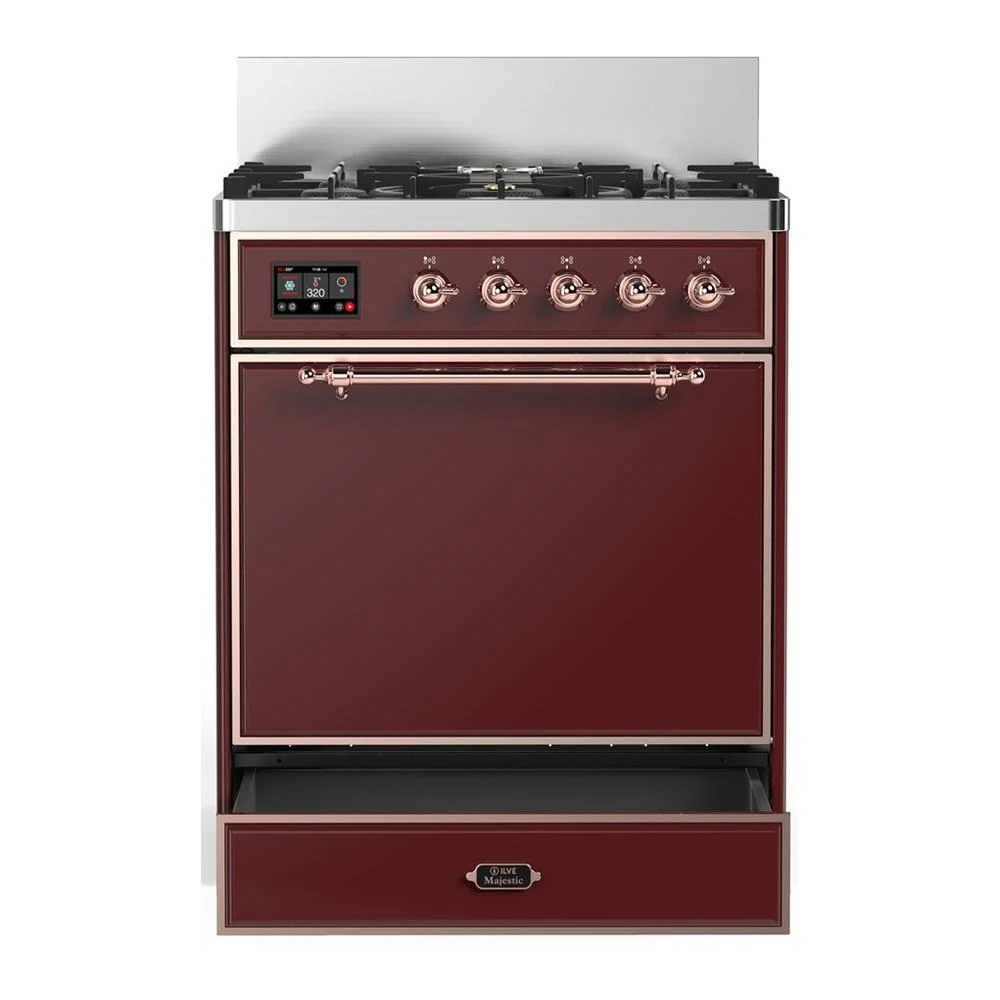 Ilve UM30QNR3BUPLP Ilve Um30Qnr3Buplp Majestic Iii 30 Inch Dual Fuel Range With 5 Black Brass Burners, Dual Function Burner Up To 25,000 Btu (Liquid Propane, Solid Door, Burgundy, Copper) - Image 3