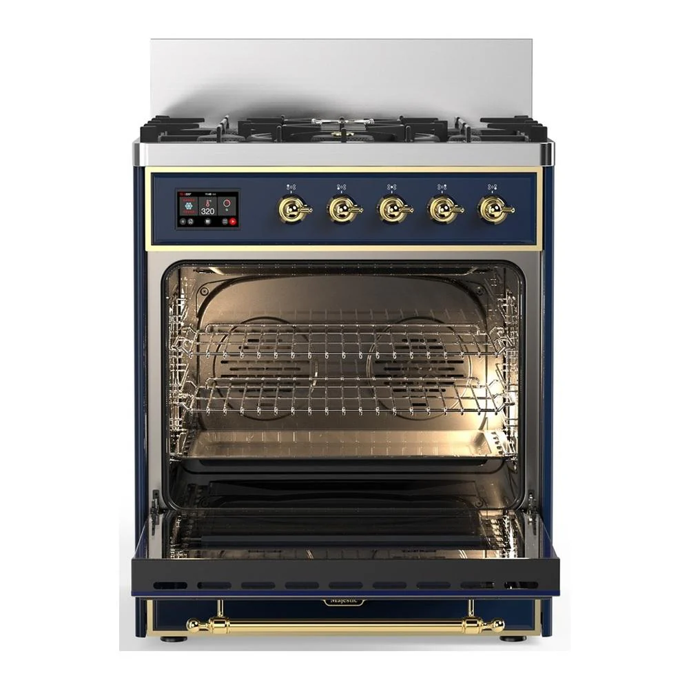 Ilve UM30QNR3MBGLP Ilve Um30Qnr3Mbglp Majestic Iii 30 Inch Dual Fuel Range With 5 Black Brass Burners, Dual Function Burner Up To 25,000 Btu (Liquid Propane, Solid Door, Midnight Blue, Brass) - Image 4
